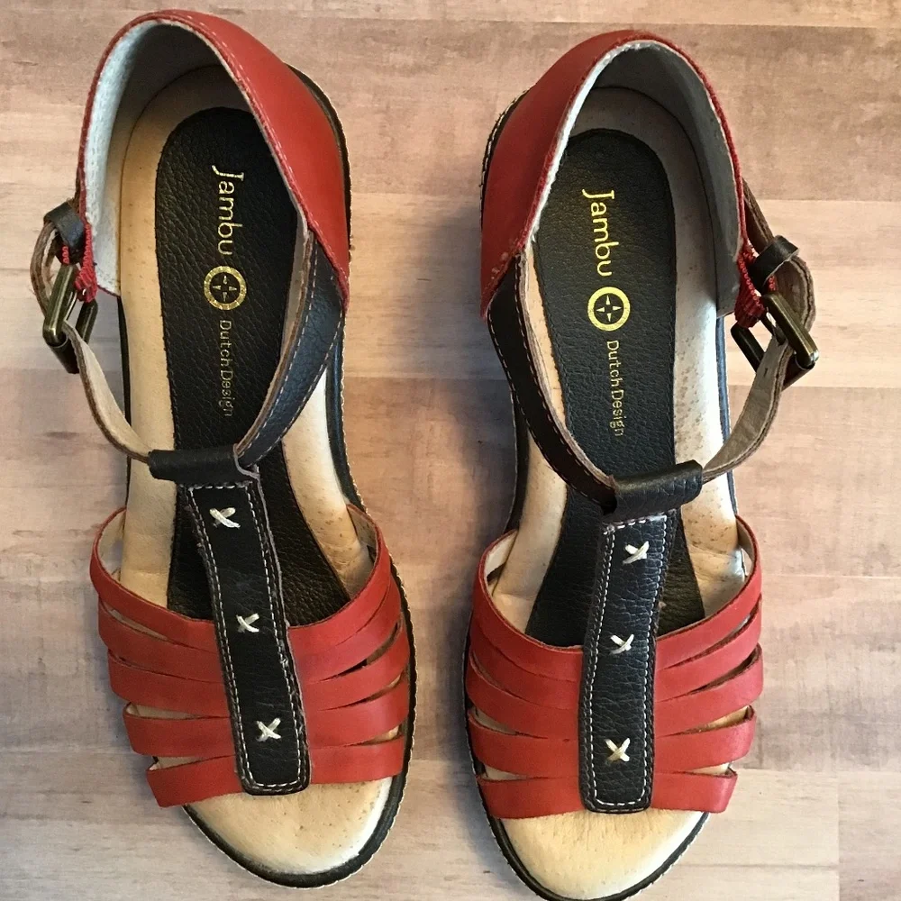 Jambu Women’s Red Leather T-Strap Sandals